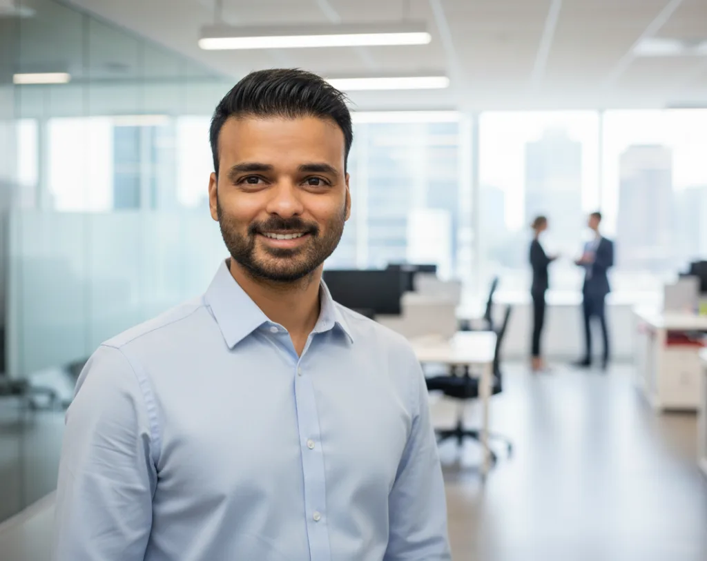 Classic studio headshot of Graham Miranda in a dark blue button-down shirt, with a professional and friendly expression against a solid dark grey backdrop.