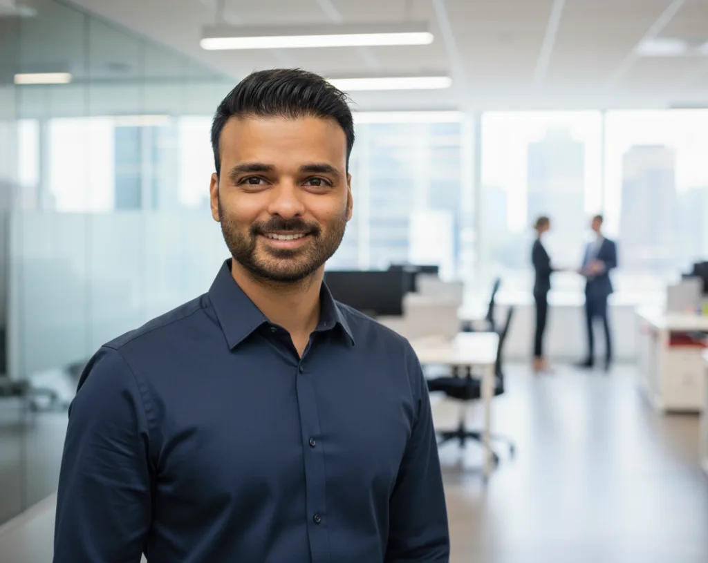 Professional portrait of Graham Miranda in a dark blue shirt, looking directly at the camera, set against a softly blurred, modern open-plan office interior.