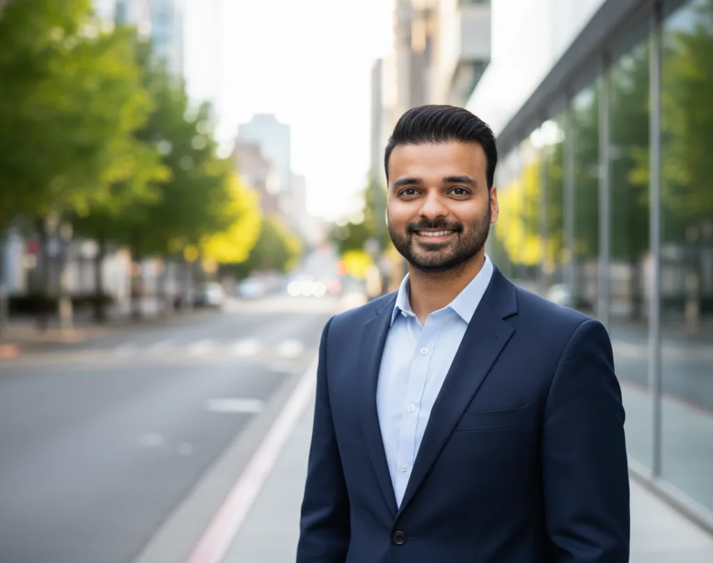 Graham Miranda's professional outdoor headshot, featuring him in a dark blue shirt with a tastefully blurred city streetscape and modern glass building in the background.